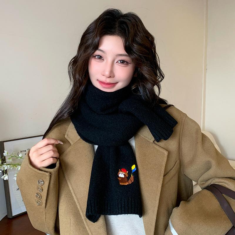 Cartoon embroidered knitted scarf women's autumn and winter new Korean solid color atmosphere cold and warm scarf