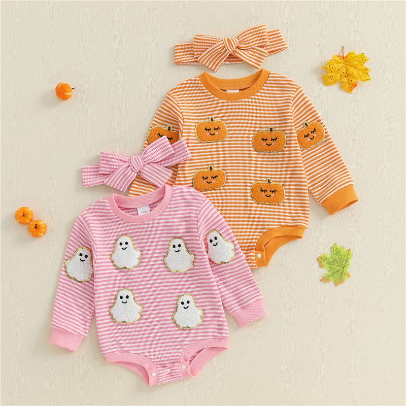 Children Clothing Yulin-001 Unisex Infant Pink Newborn Baby Girl Halloween Outfit Ghost Pumpkin Pattern Striped Crew Neck Romper With Headband 2 Pcs Set For Fall Cm