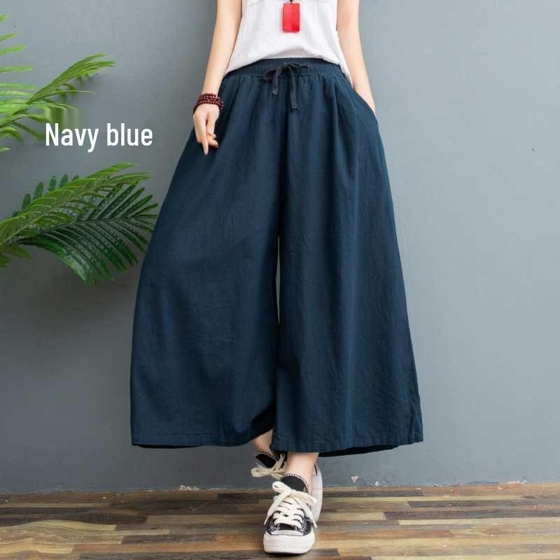 Plus Size Summer Cotton Linen Wide-Leg Pants - Lightweight, Versatile Eight-Point Culottes
