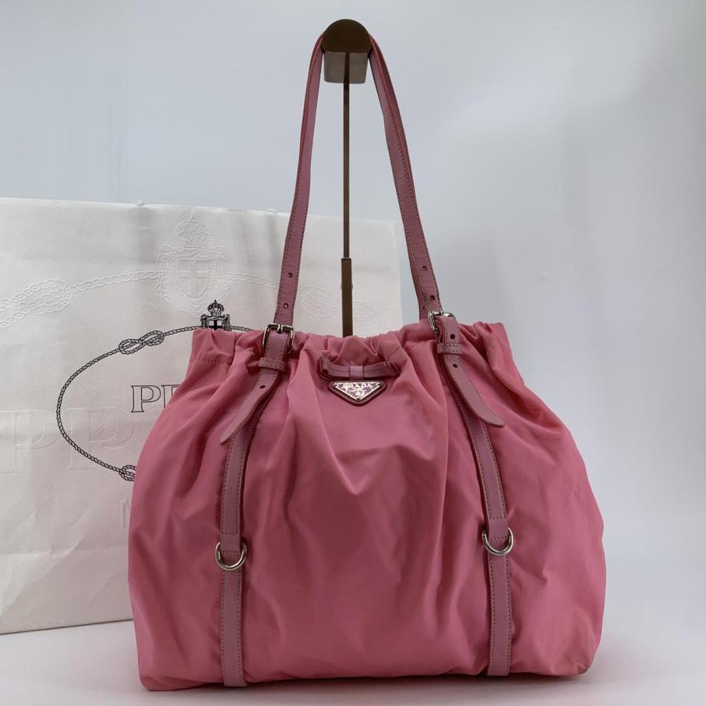Prada Pocono Tessuto Nylon Ribbon Hand Tote Bag One Shoulder Strap Leather Pink Silver Hardware Triangle Logo Plate