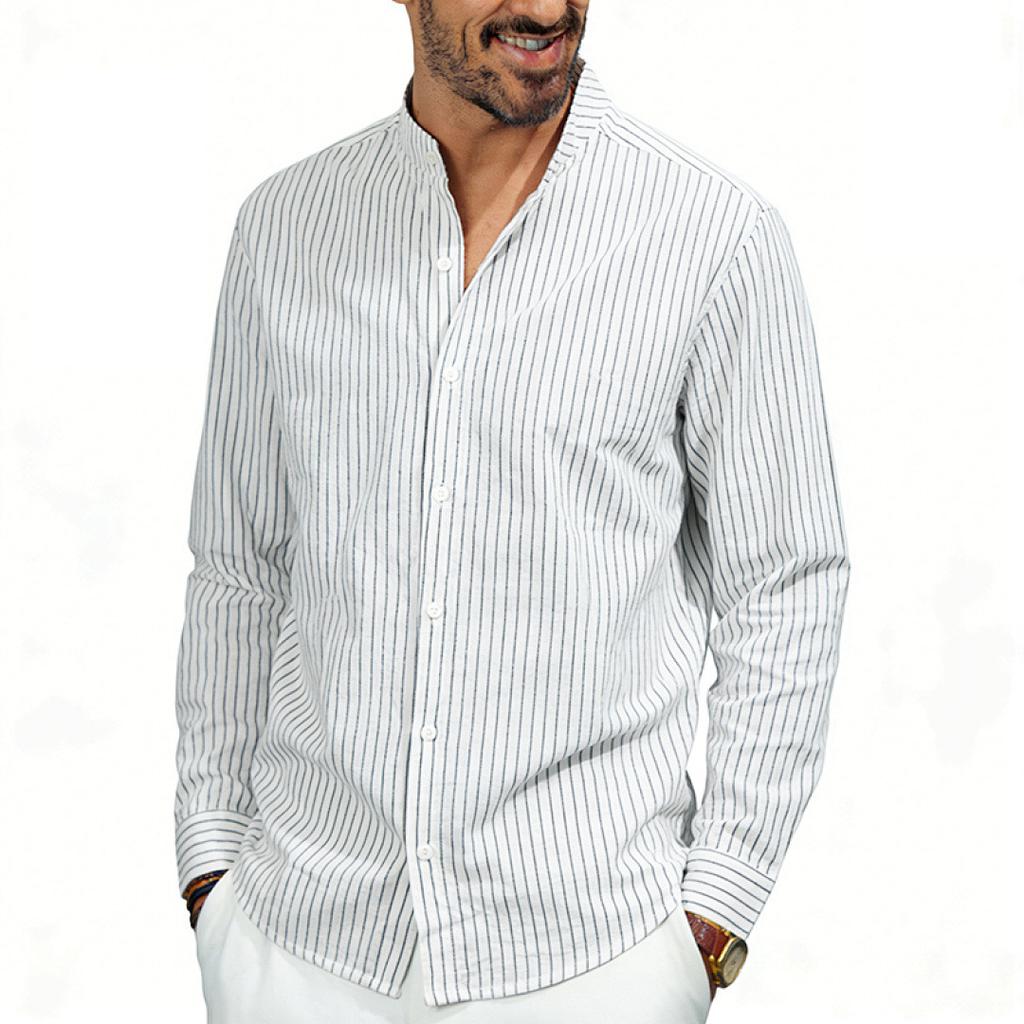 Men Casual Business Loose Stand Collar Long Sleeve Vertical Stripe Shirt