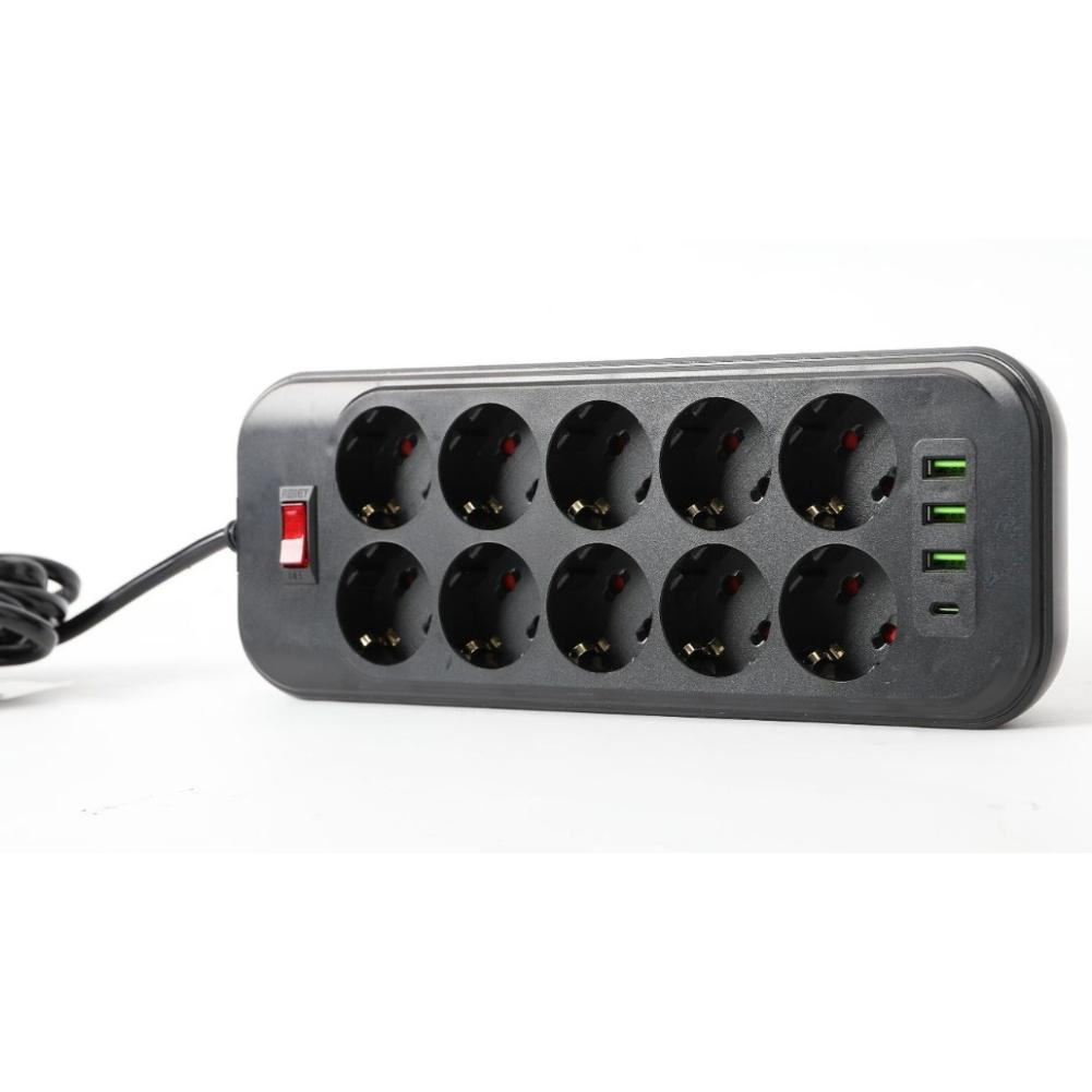 Surge Protector EU 10-Outlet Strip Built-in USB Ports Surge Protection Overload Protection Space-saving Layout