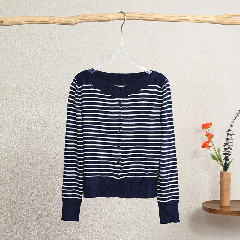 

Вязаный кардиган с полосками, с открытыми плечами, осень-зима 2025 - Сладкая и универсальная повседневная одежда Large темно-синий