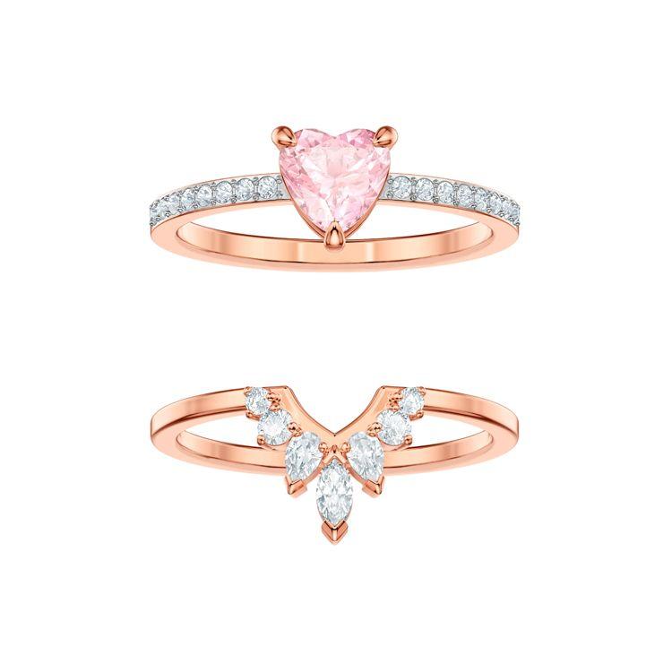 Swarovski One Series Rose Gold Plated Pink Heart Double Ring Crystal Ring Women rings 5474938 Box (Random Color),50