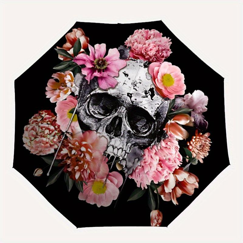 

1pc Skull Flowers Auto Open/close, All-Season Portable Folding Umbrella for Women & Men, Travel, Everyday, Formal Events - Compact Luxury Parasol, Out
