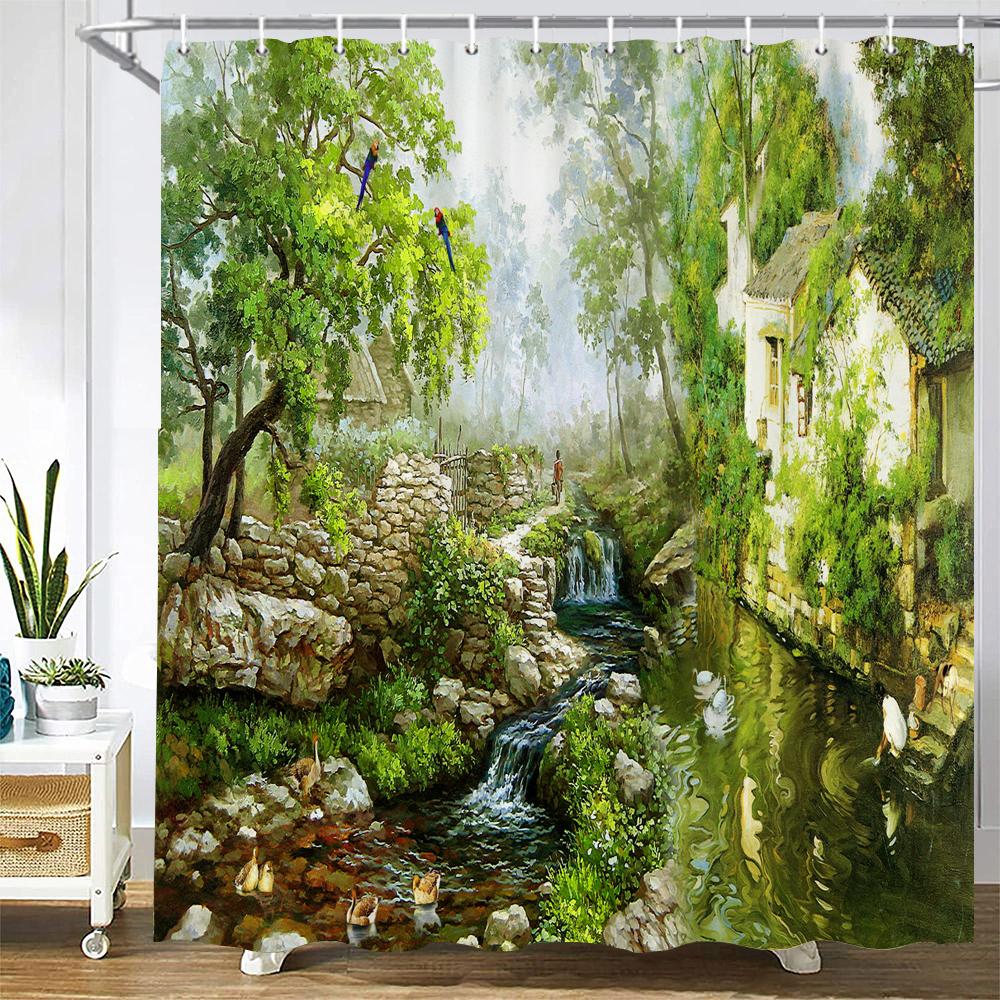 Natural landscape Shower Curtain Decor Waterproof Fabric Bathroom Curtains Painting Forest Seaside Scenery Bath Screen with Hook