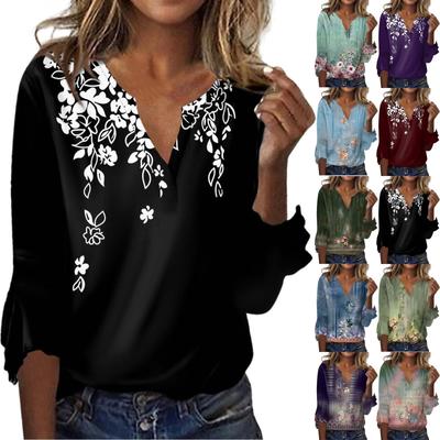 Women's Top Loose Casual V-neck Printed Blouses Bell 3/4 Sleeve T-shirt