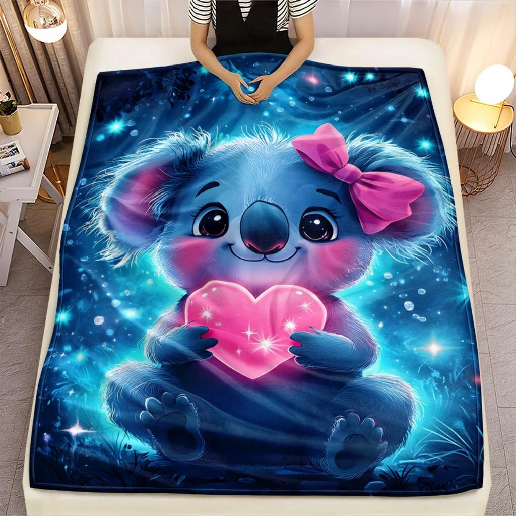 1pc Cute Koala Holding Pink Heart Sparkle Blue Background Flannel Blanket Soft Throw Bed Cover Animal Lover Gift Kids Room Decor