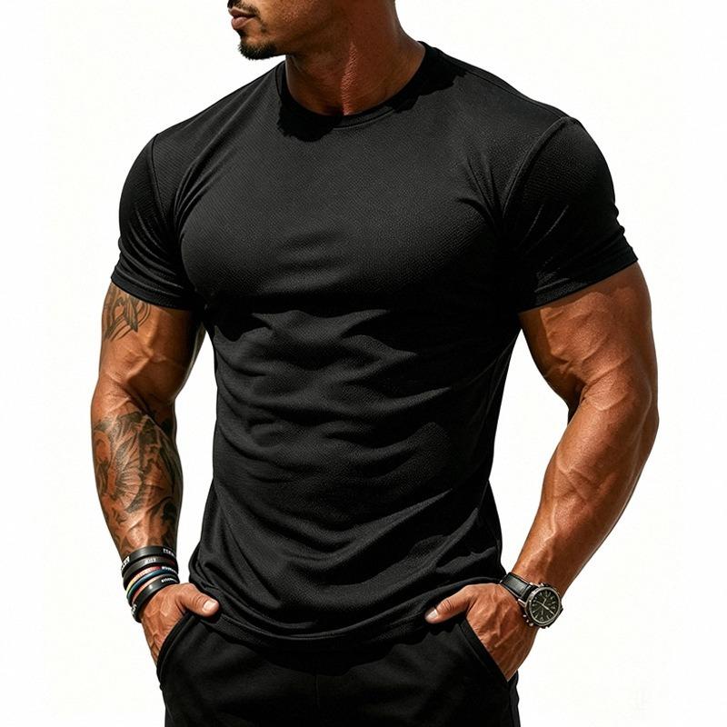 Men Breathable Quick Dry Elastic Solid Sports Fitness Casual Short Sleeve T Shirt