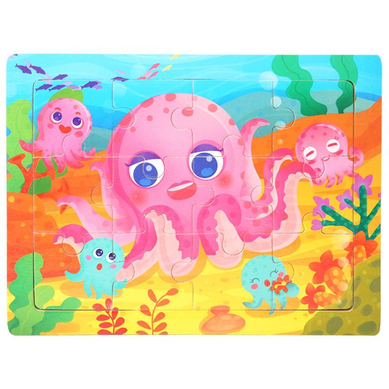12piece Wooden Jigsaw Puzzle Cartoon Animal Parent-child Theme Puzzles Game Kids Montessori Educational Toys for Children Gifts