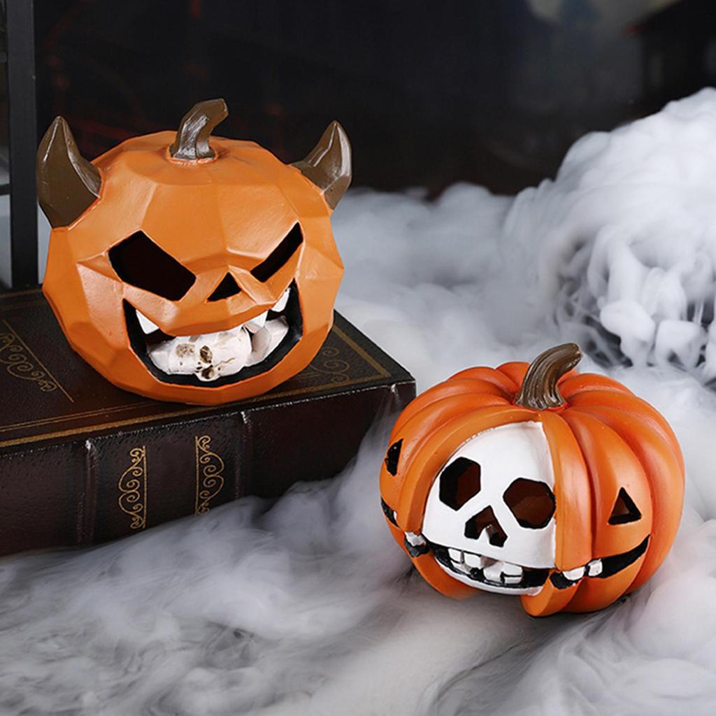 Halloween Pumpkin Decor Pumpkin Skeleton Ornaments Resin Halloween Sculpture Art Decoration for Holiday Home Party Indoor