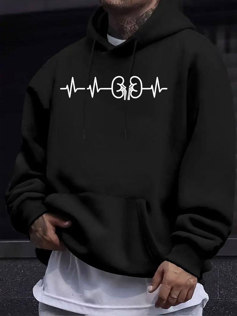 American And European Style Unisex Fall Winter Print Hoodie Long Sleeve Sweatshirt, Heartbeat Line Creative Line Hooded Print Sweatshirt, Easy Trendy