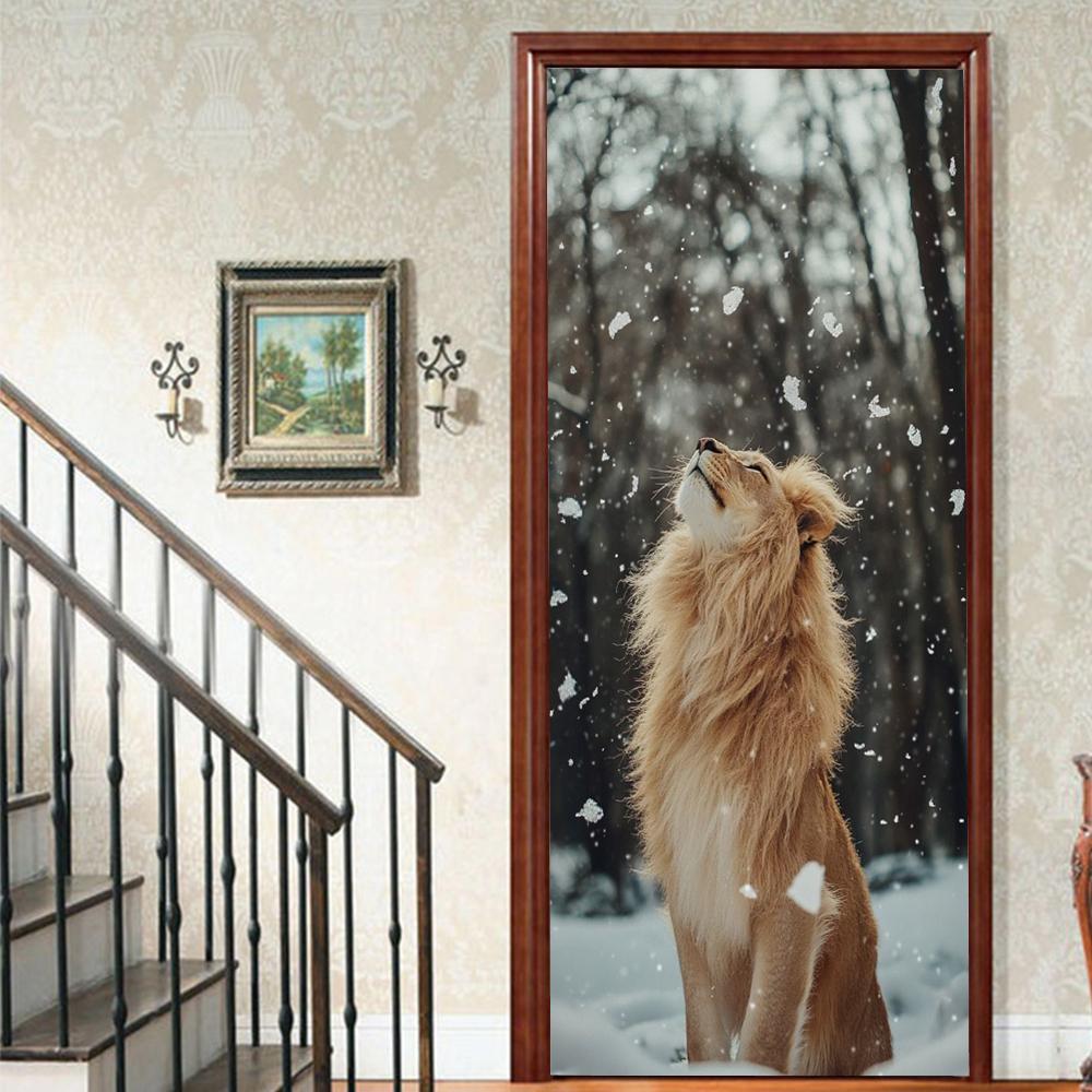 Pegatinas para puerta con diseño de león, realistas, despegables y pegables, para niños, decoración estética para sala de estar.