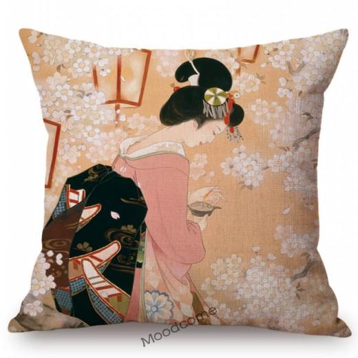 Beautiful Pretty Japanese Geisha Cartoon Traditional Kimono Girl Floral Cotton Linen Sofa Pillow Case Home Decor Cushion Cover