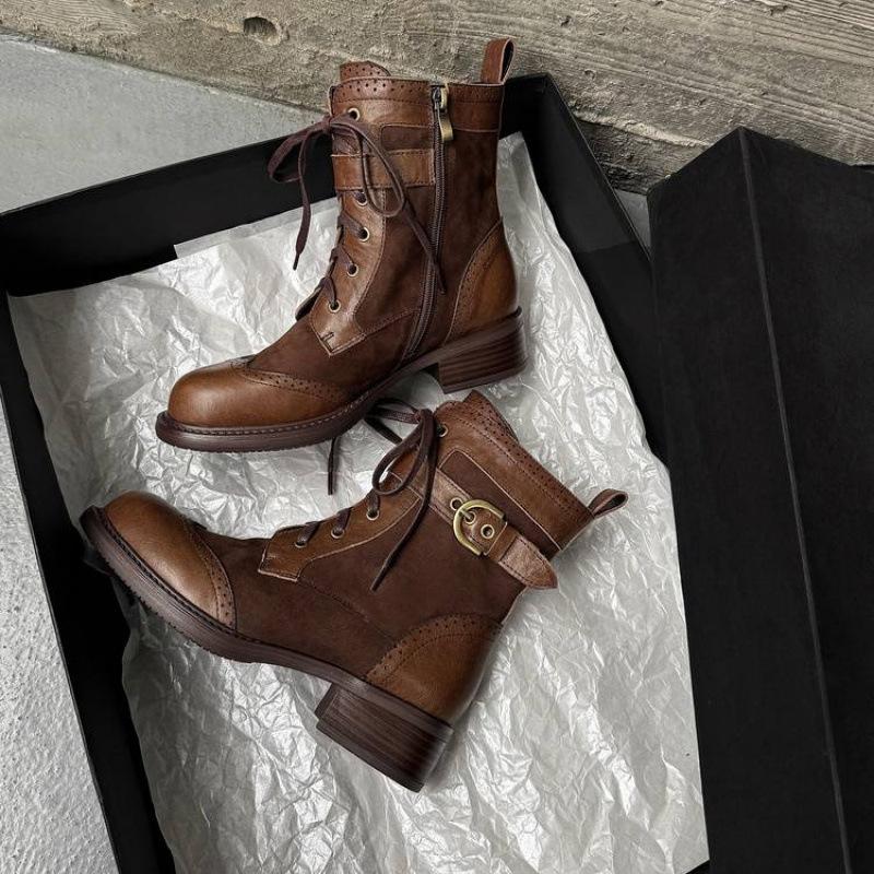 Autumn and Winter Leather Knight Boots Women's Thick-soled Non-slip Medium Heel Round Head Versatile Women's Leather Boots New Cowhide Medium Boots