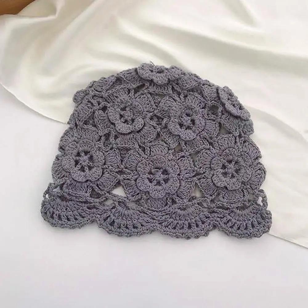 Breathable Hollowed Out Baotou Hat Flowers Casual Knitted Hat Summer Thin Beret Cap for Women