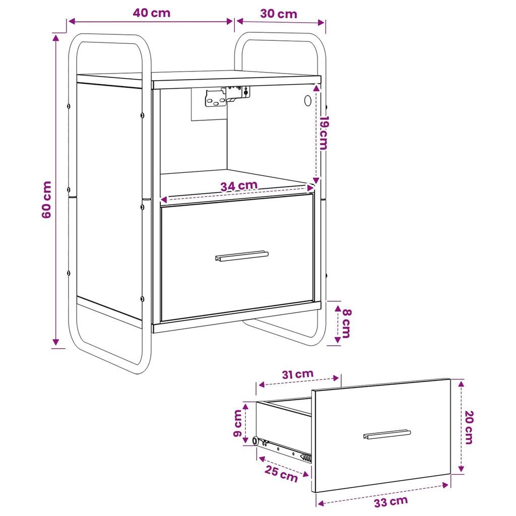 Hanging Nightstand Sonoma Grey 40 X 30 X 60 Cm Engineered Wood