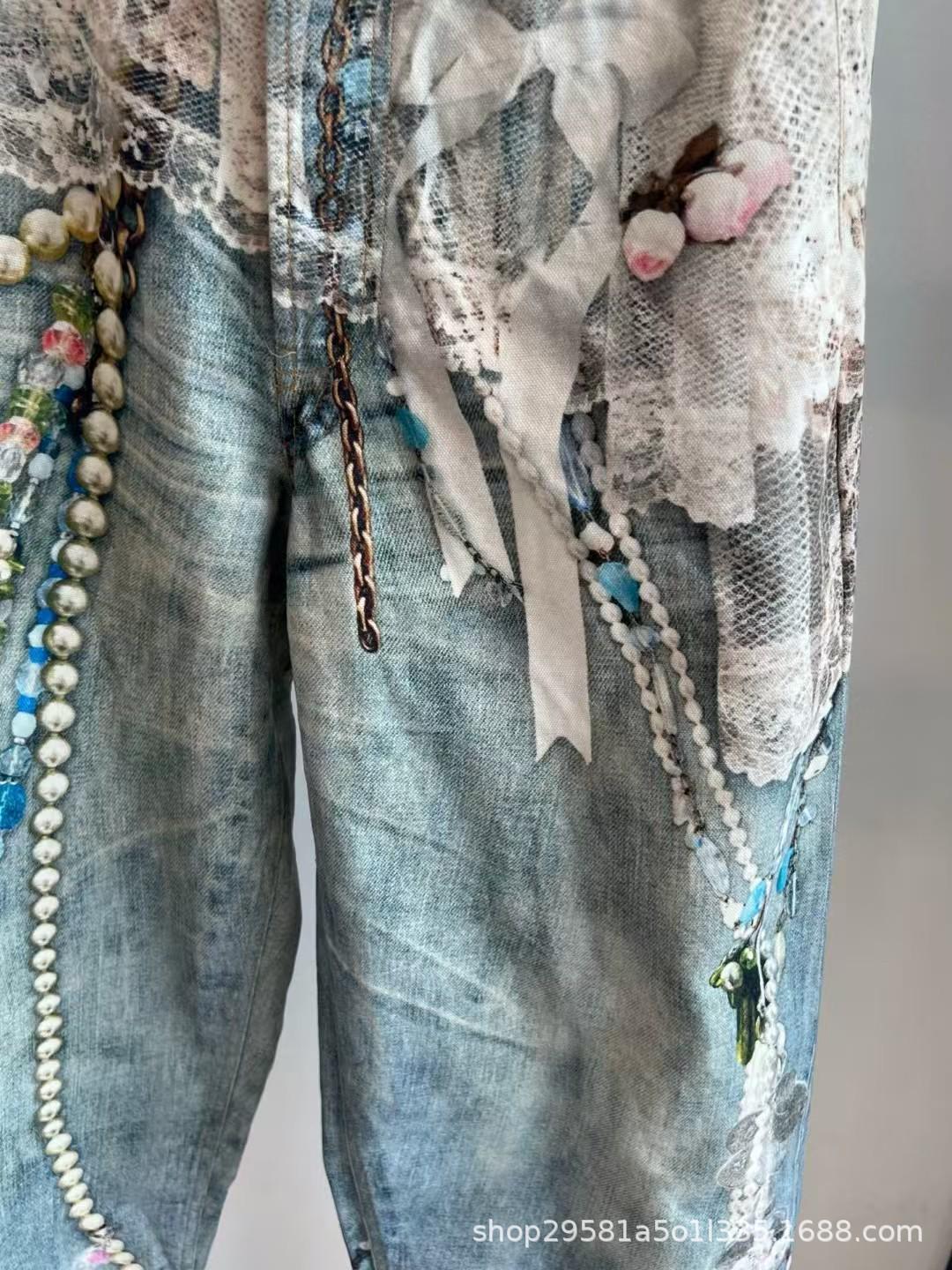 

2025 Рання Осінь 3D Принт Мереживо Ланцюжок з Перлами Потерті Широкі Прямі Джинси 29 світло-синій колір