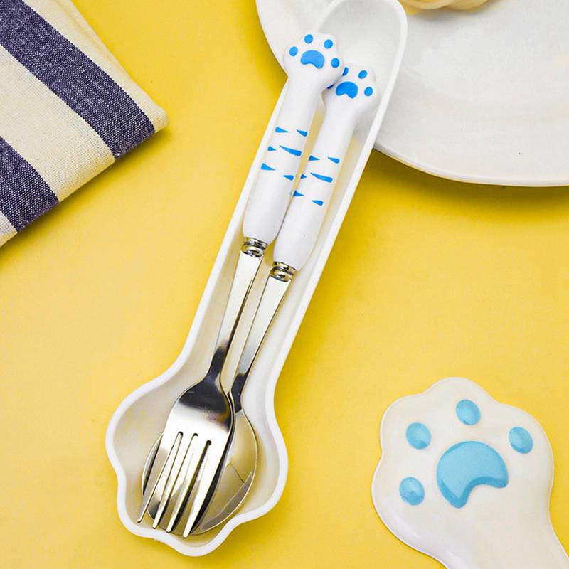 Cute Cat Paw Cutlery Set Stainless Steel Fork Spoon with Storage Box Dinnerware Tableware Silverware Lunch Portable Tableware