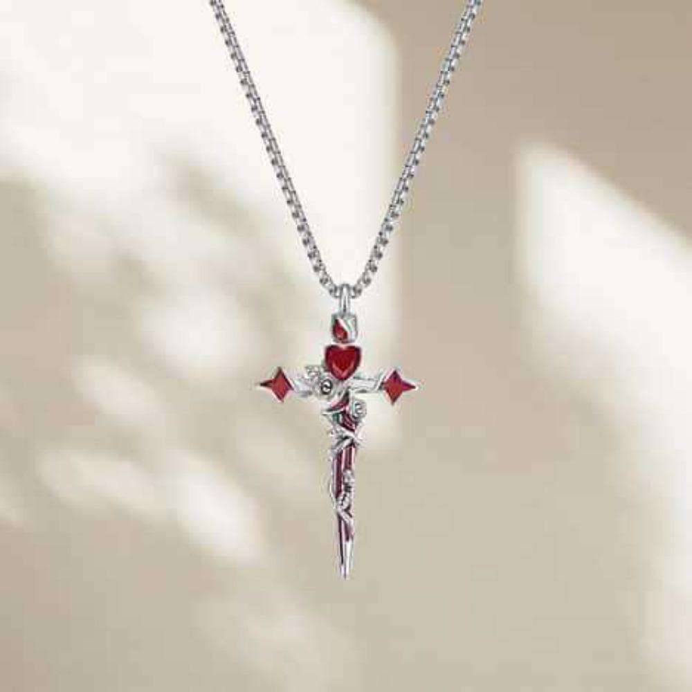 Punk Charm Sliver Color Rose Flowers Winding Red Drip Glaze Cross Heart Hoop Earrings Necklace for Women Stainless Steel Jewelry