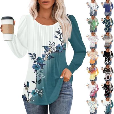 Long Sleeve Shirts For Women Tops Dressy Casual Blouses Pleated Scooped Neck Tunic Tops
