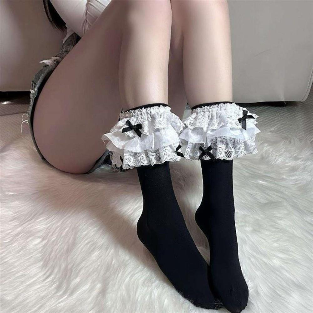 Bowknot JK Knee High Socks Ballet Style Ruffle Uniform Socks Lolita Lace Stockings Japanese Style
