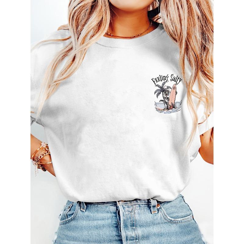 European sizes Casual Loose Fit Round Neck Short Sleeve T-Shirt - "FEELING SALTY" Surf Skeleton Graphic Print