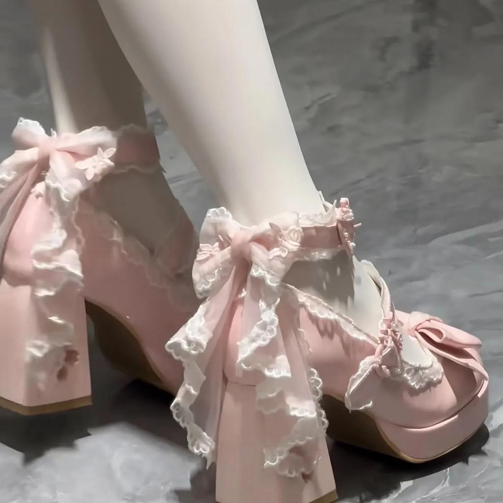 Adorabili Scarpe con Tacco Alto e Plateau Rosa Lolita con Fiocco a Farfalla per Ragazze e Donne, Carini Mary Jane con Abito Sakura