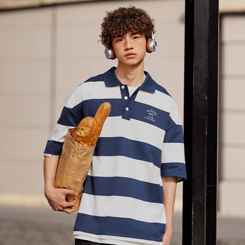 LiNing Weekend Youth Casual Comfortable Striped Polo Shirt Unisex Polo Shirts Deep-Navy APLU235-1