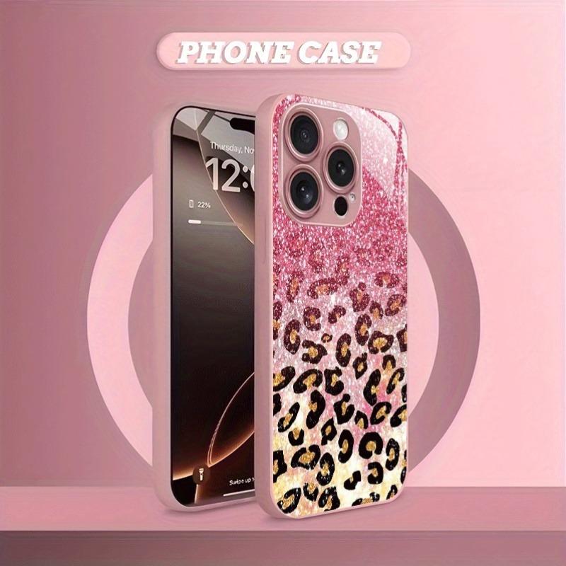 Třpytivý Gradientový Leopardí Vzor Růžová Metalická Barva Skleněné Pouzdro Na Telefon Pro iPhone 11 12 13 14 15 16 17 Pro Max Plus 17 Air 16E Kryt