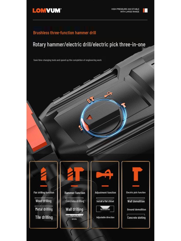 Longyun Rechargeable Brushless Rotary Hammer Drill Set - High Power 3-in-1 Impact Tool with Lithium Battery