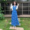 French Blue Floral Halter Maxi Dress for Women - Summer 2026 Petite Elegant Cinched-Waist Long Dress