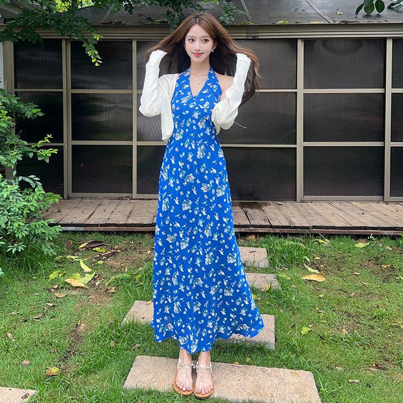 French Blue Floral Halter Maxi Dress for Women - Summer 2026 Petite Elegant Cinched-Waist Long Dress