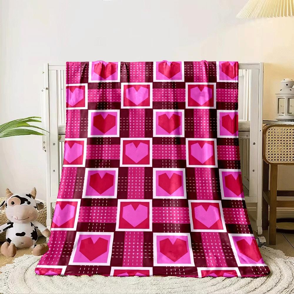 Pink and red hearts framed in squares with striped and dotted patterns. for all seasons blanket lunch break throw gift 80cm x 120cm