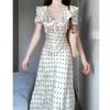 French polka dot bubble sleeve dress women's summer seaside vacation gentle wind waist temperament beautiful small skirt