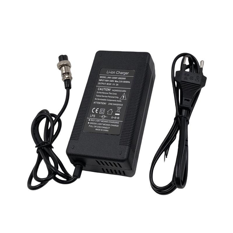 58.8V 2A Charger with GX16-3 Pin DC5.5 XLR Plug, Power Adapter for 52V Li-ion Battery Input 100-240V