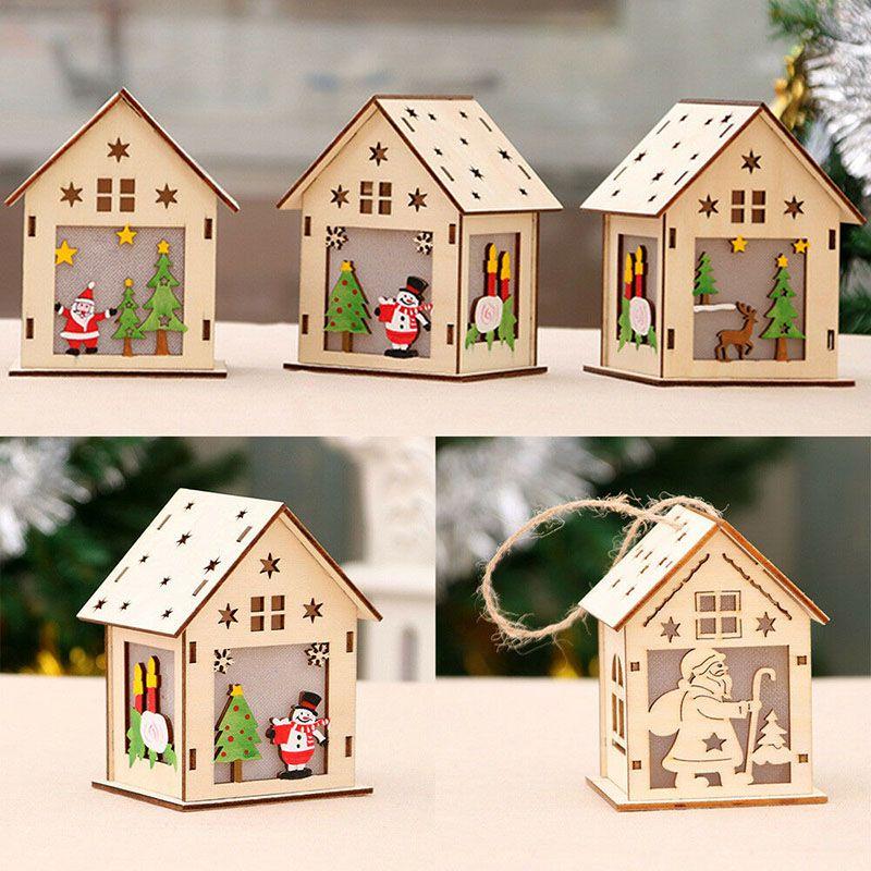 Elegant Led Light Wood House Ornament For Christmas Tree Hanging Decor