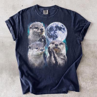 Otters Full Moon Graphic T-Shirt, Starry Night Sky Animal Tee