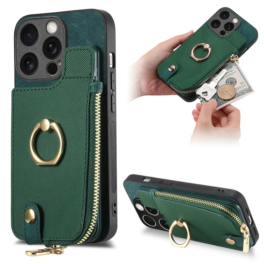 Zipper Vertical Cards Slot Ring Holder Wallet Case For iPhone 15 Pro Max 14 Plus 13 12 11 XS X XR 7 8 SE 2026 Cover Purse Cover