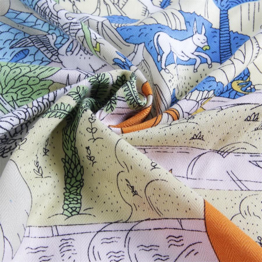 POBING Silk Cashmere Scarf Women Hand Rolled Jungle Animals Print Square Scarves Wraps Bandana Big Hijabs Female Foulard 135CM