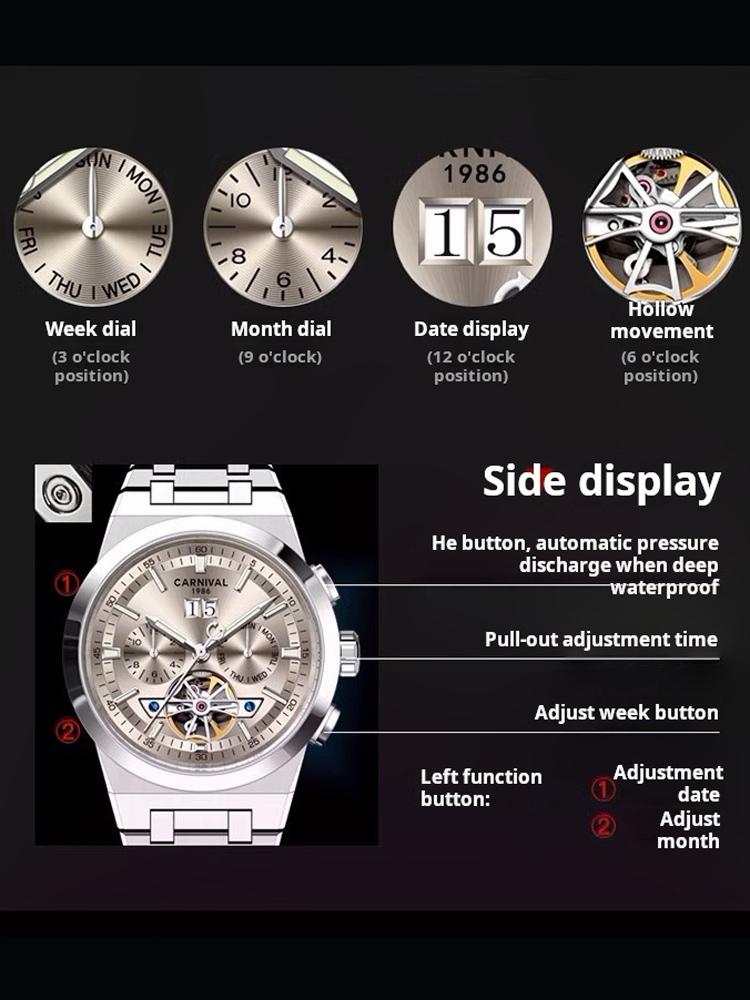 CARNIVAL Multi Layer Tourbillon Sport Watch Men Waterproof Date Luminous Automatic Mechanical Watches Clock New Reloj Hombre