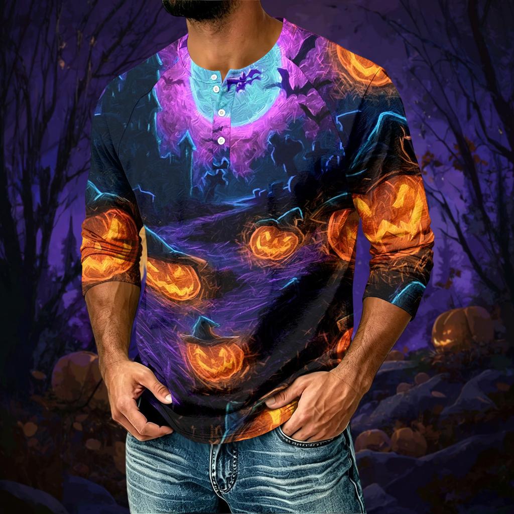 Men's Casual Halloween Print Raglan Three-Quarter Sleeve Shirt