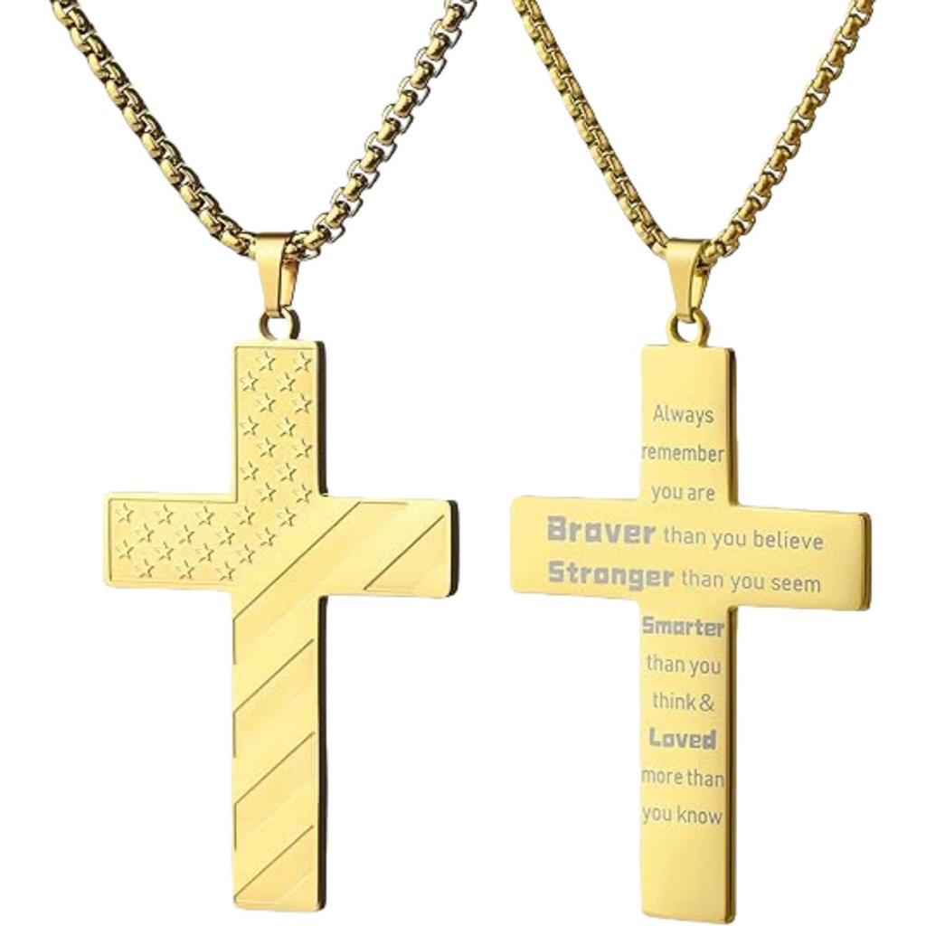 American Flag Stars & Stripes Men's Stainless Steel Cross Necklace Pendant