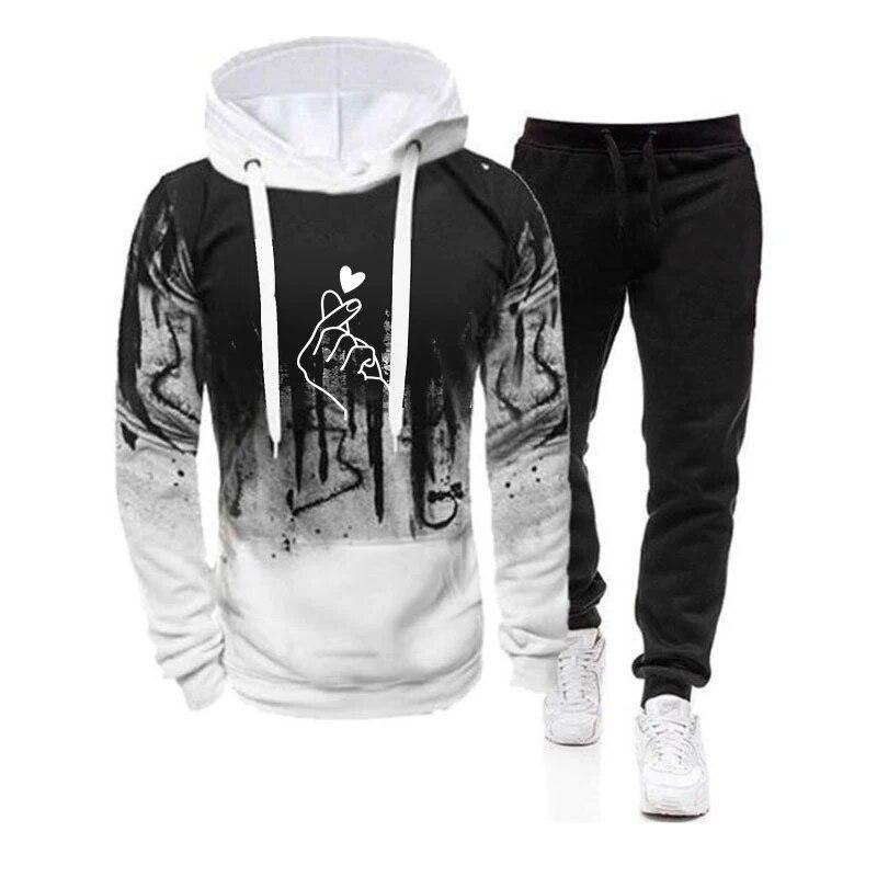 Tuta da uomo casual con cappuccio, set di abbigliamento sportivo da uomo, felpa + pantaloni della tuta, 2 pezzi, tuta, pullover, felpa con cappuccio, moda maschile