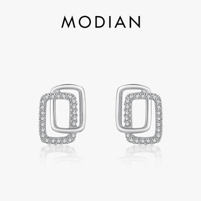 Modian 925 Sterling Silver Double Geometric Fashion Stud Earrings For Women Girl Clear CZ Anti-allergy Fine Jewelry