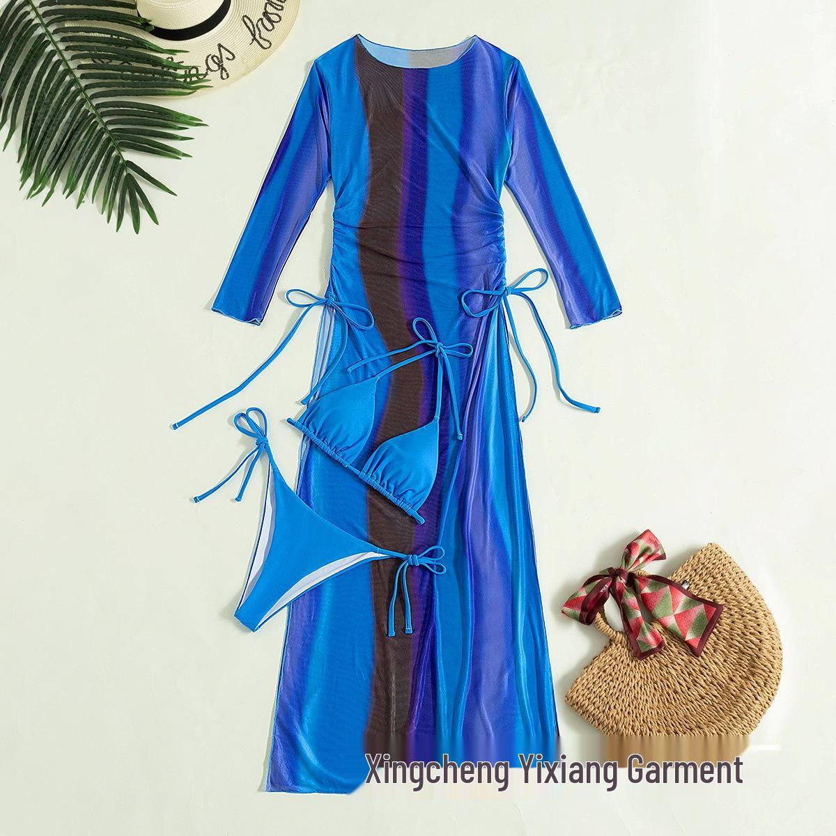 

Европейский и американский хит продаж женский купальник-тройка с накидкой с длинными рукавами и полосатым принтом Extra Large синий