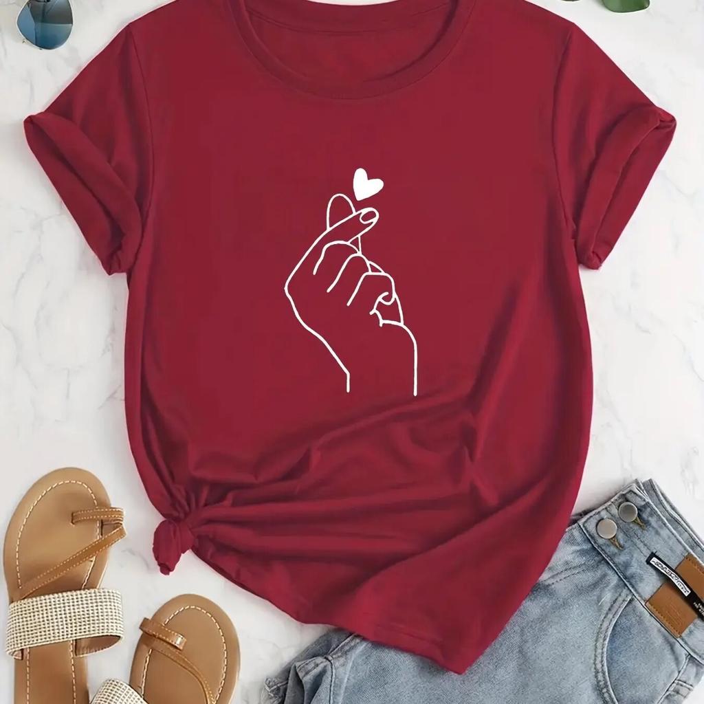 Finger Heart Print Unisex T-shirt Short Sleeve Crew Neck Casual Top for Summer & Spring WoUnisex Clothing Female TopsTees
