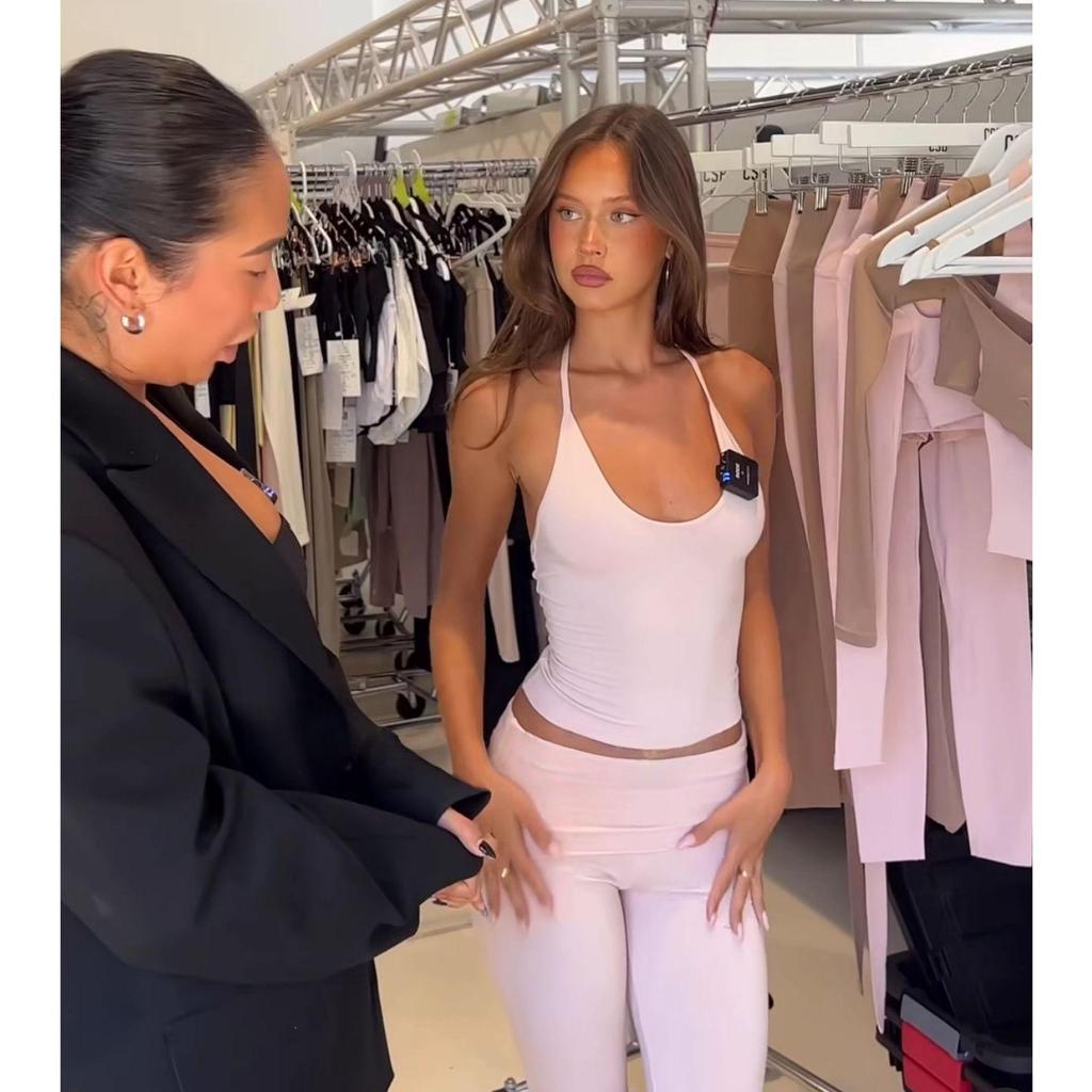 European & American Light Pink Yoga Flare Pants and Halter Sports Top