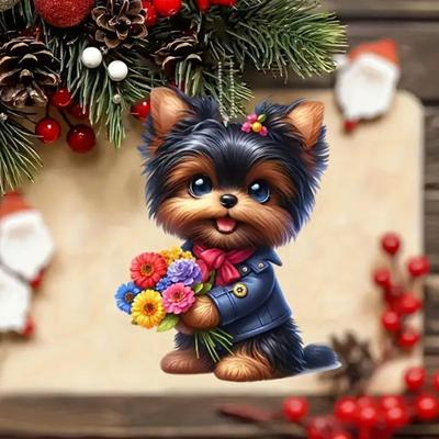 Auto-Anhänger, 2D-Welpe mit Blume, Weihnachtsbaum, hängender Anhänger, leicht, für Rückspiegel, Fenster, Tasche, Dekoration, Charm, Schlüsselanhänger