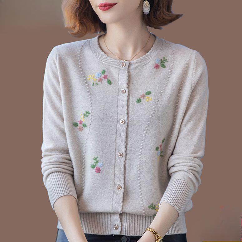Autumn Winter Women's Wool Cardigan Round Neck Embroidered Knitted Jacket Cardigan Top